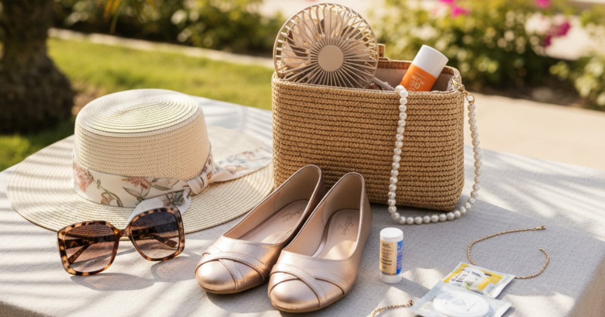 Functional accessories for summer wedding guest attire