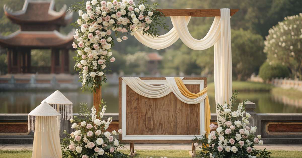 Design elements of a traditional Vietnamese wedding welcome sign